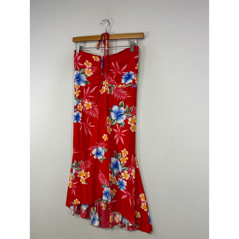 Tropical Hawaii Hangover Kids 14 Red Floral High-Low Halter Smocked Dress